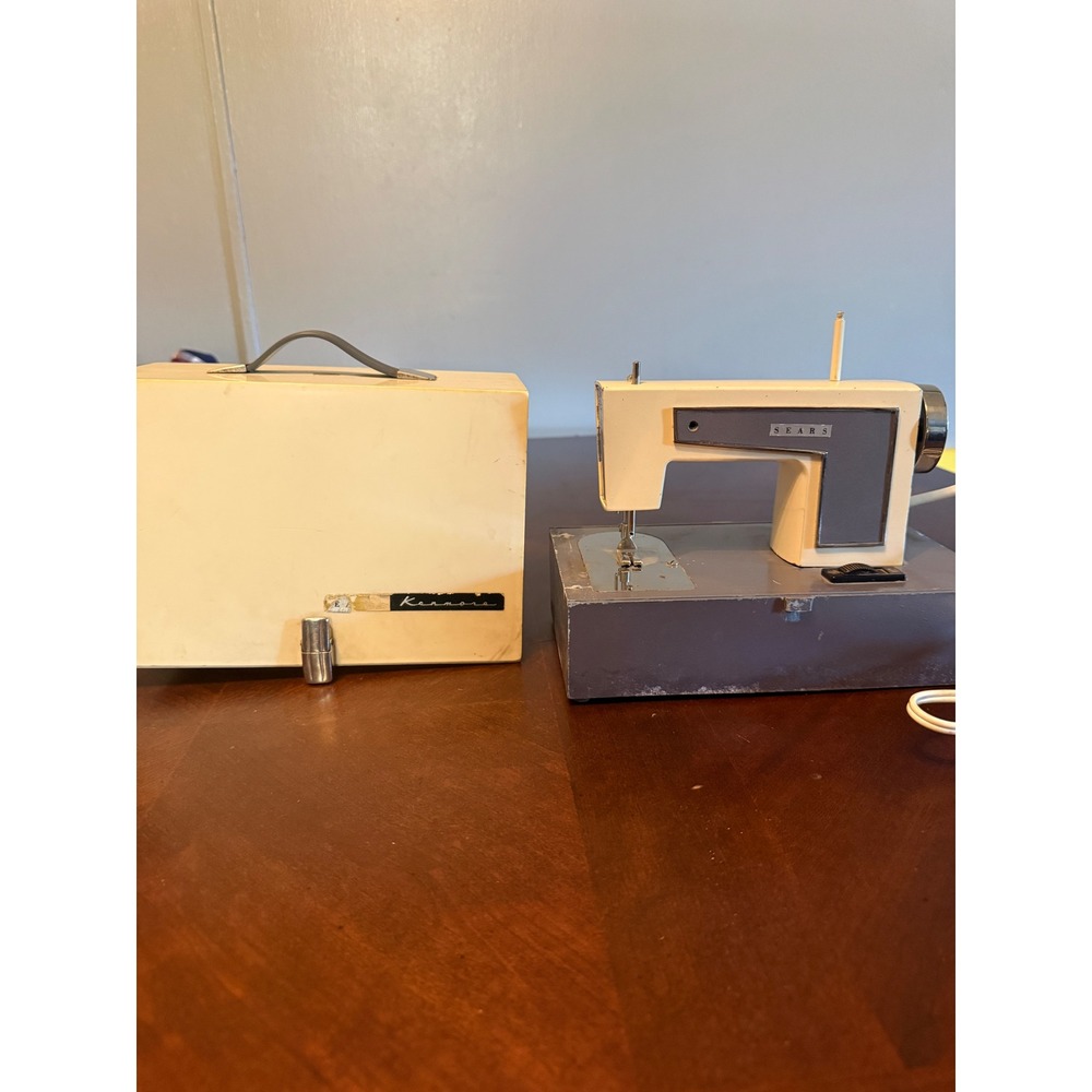 Vintage Sears Kenmore Mini Sewing Machine Portable with Hard Case Cream read